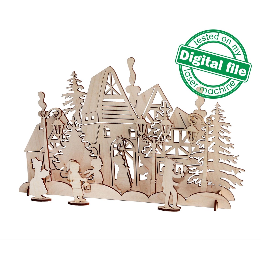 DXF, SVG file for laser Advent calendar Christmas carols 24 or 30 days, Сhildren singing, Winter village, Christmas tree, Material 3.2 mm