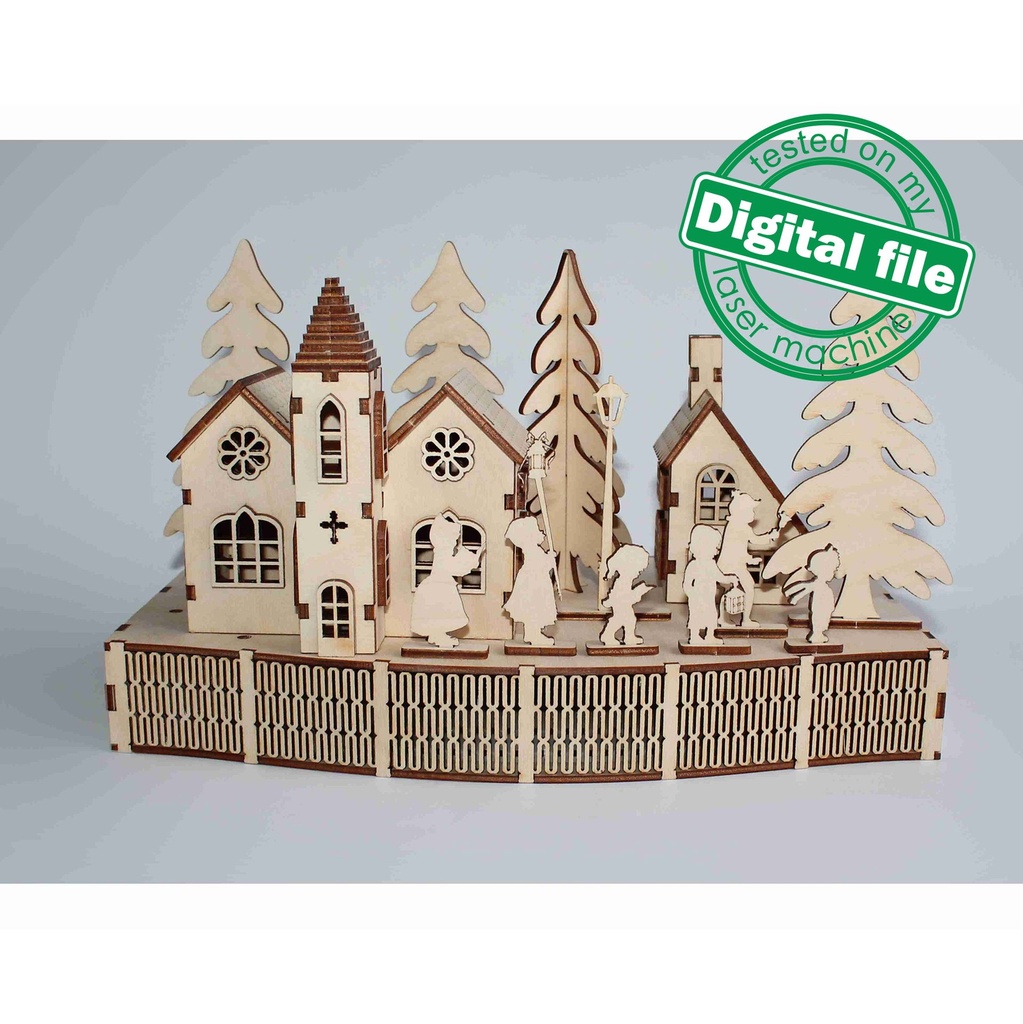 DXF, SVG file for laser Woodland Winter Christmas Decoration, Light-up podium base, Christmas Carols, Village, Houses, Children singing