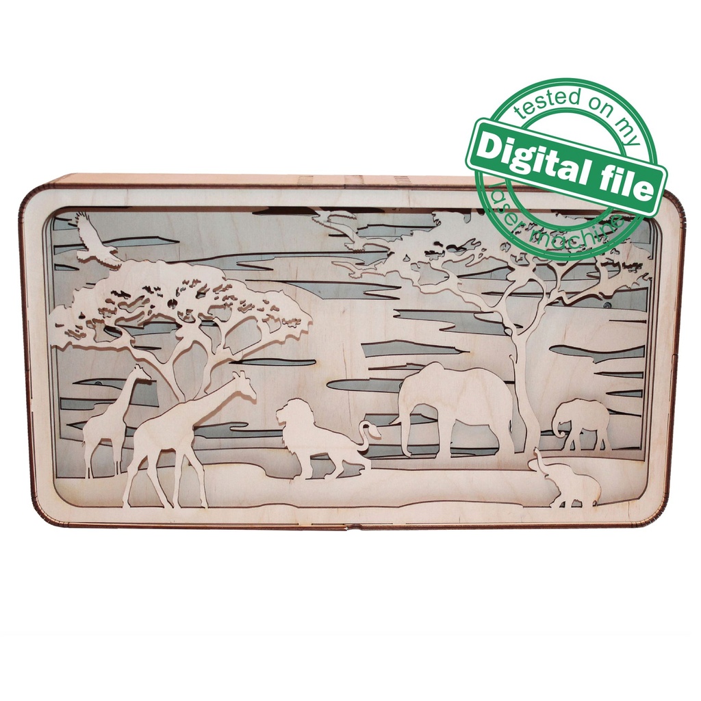 DXF, SVG files Light box Africa, Giraffe, elephant, lion, baobab, flexible plywood, Glowforge ready file, Material thickness 3.2 mm