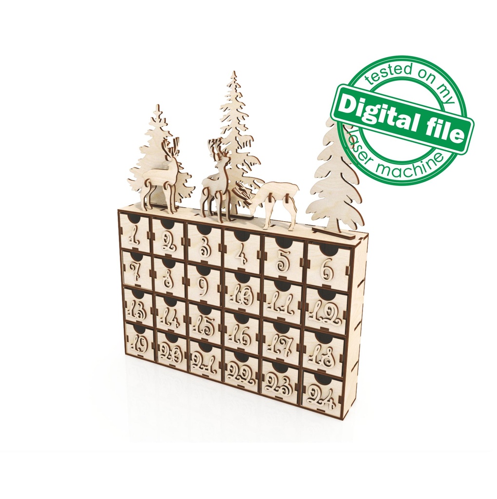DXF, SVG files for laser 24 or 30 days of Christmas Advent calendar, Winter forest, Deer, Glowforge, Material thickness 1/8 inch (3.2 mm)