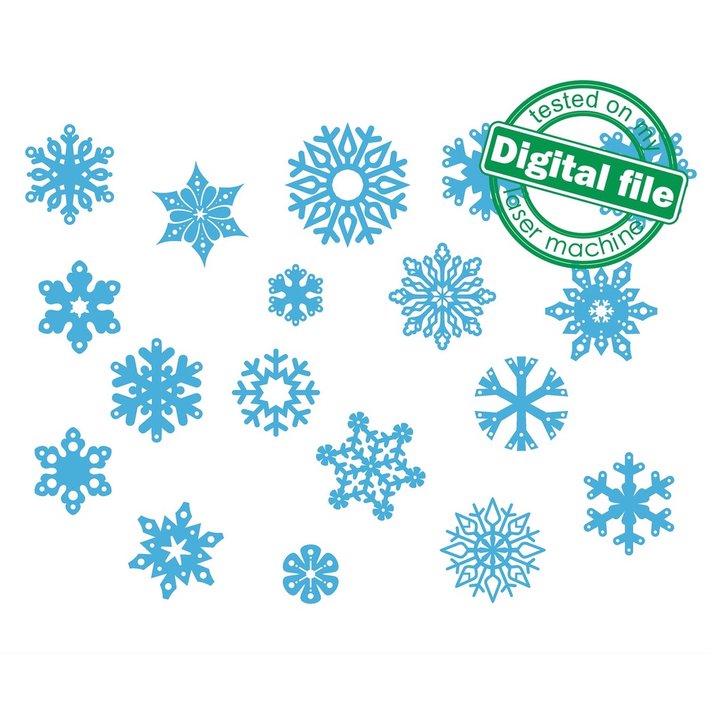 DXF, SVG files for laser Big set Snowflakes into gift box, 18 different design, Glowforge, Material thickness 3.2 mm