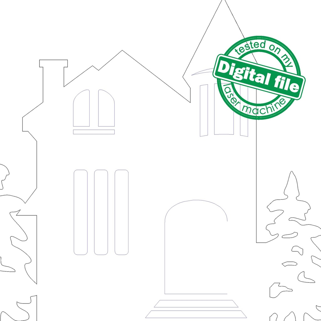 DXF, SVG files for laser Christmas Old Custle, Winter Forest, Rustic Wood, Glowforge, Material thickness 3.2 / 6.4 mm