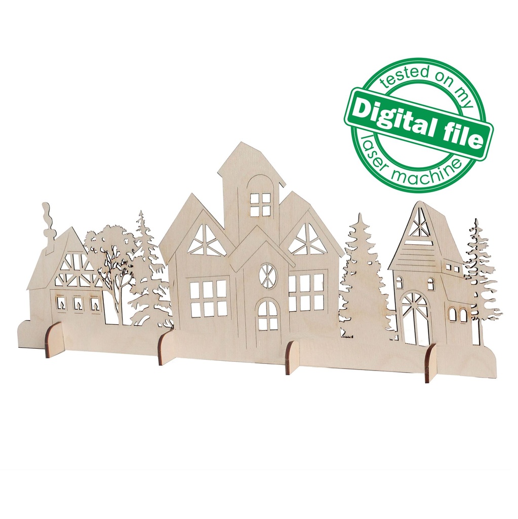 DXF, SVG files for laser Christmas Wintar Village, Church, Winter Forest, Rustic Wood, Glowforge, Material thickness 3.2 / 6.4 mm