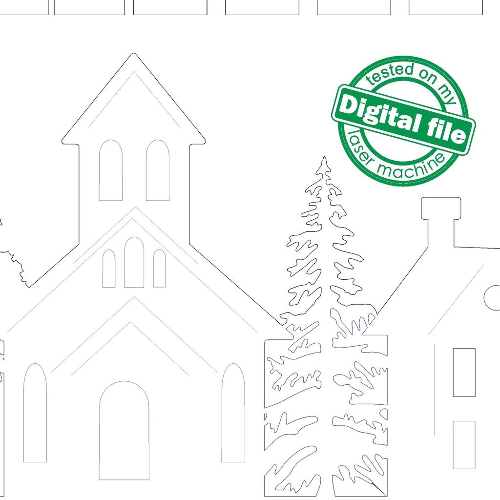 DXF, SVG files for laser Christmas Winter Village, Church, Forest, Rustic Wood, Glowforge, Material thickness 3.2 / 6.4 mm