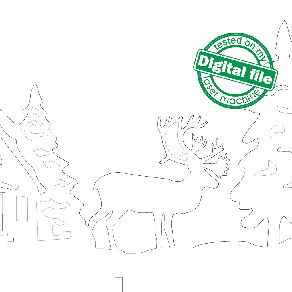 DXF, SVG files for laser Christmas village scene, Reindeer, Winter Forest, Rustic Wood, Glowforge, Material thickness 3.2 / 6.4 mm