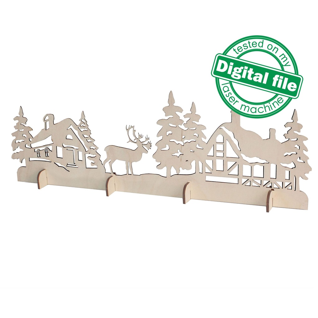 DXF, SVG files for laser Christmas village scene, Reindeer, Winter Forest, Rustic Wood, Glowforge, Material thickness 3.2 / 6.4 mm