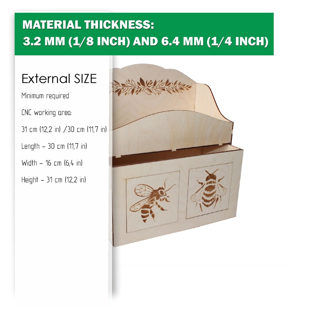 DXF, SVG files for laser Desktop Storage box with drawer King bee, laurel branch, Organiser, Two different material thickness 3.2 / 6.4 mm