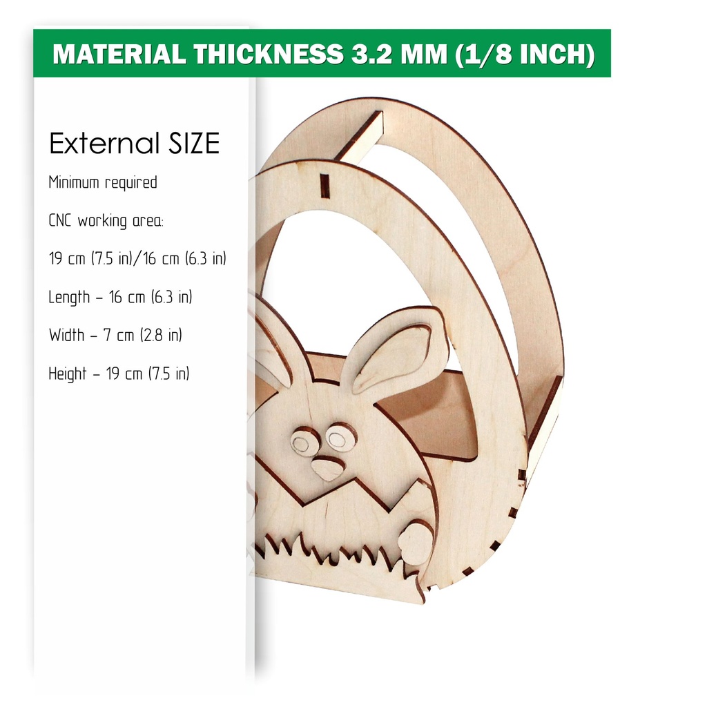 DXF, SVG files for laser Easter basket Cute Bunny, Egg Hunter, Vector project, Glowforge, Material thickness 1/8 inch (3.2 mm)