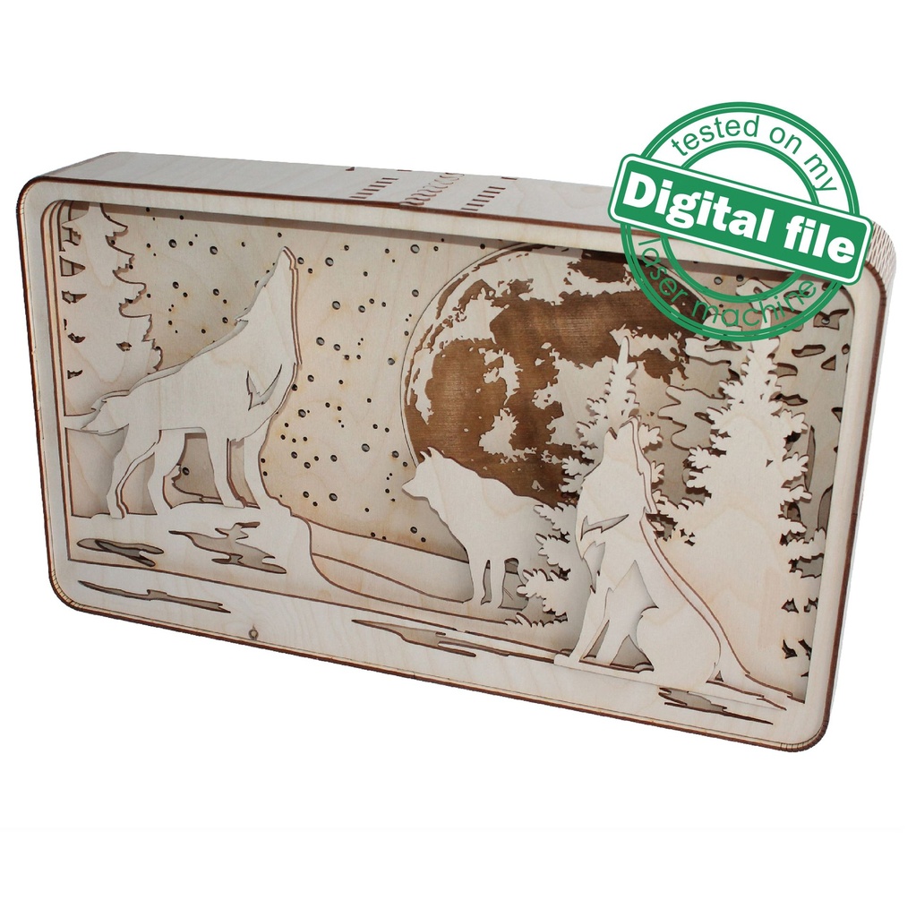 DXF, SVG files for laser Shadow Box Three Howling Wolves, Glowing Moon, Vector project, Glowforge, Material thickness 1/8 inch (3.2 mm)