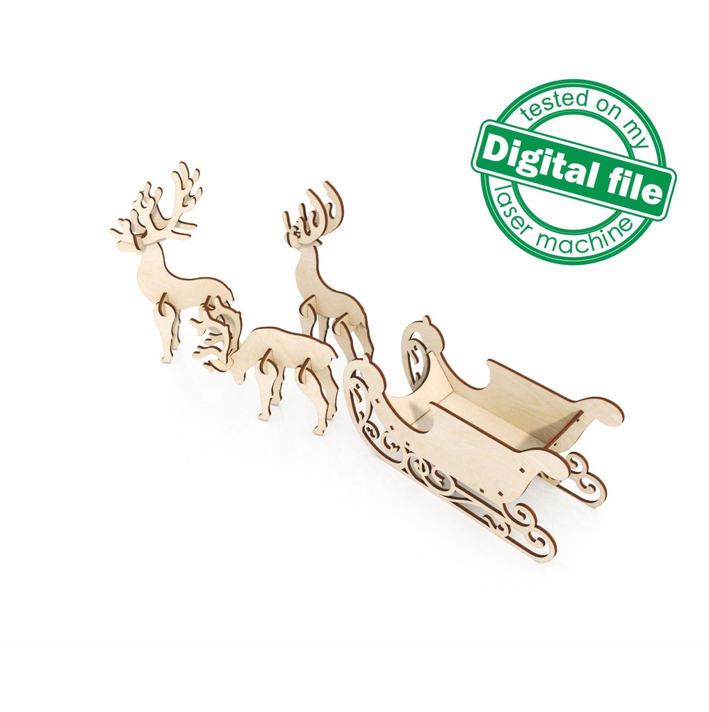 DXF, SVG files for laser Sleigh for decor inside the house or outside, Three Reindeers, several different material thicknesses