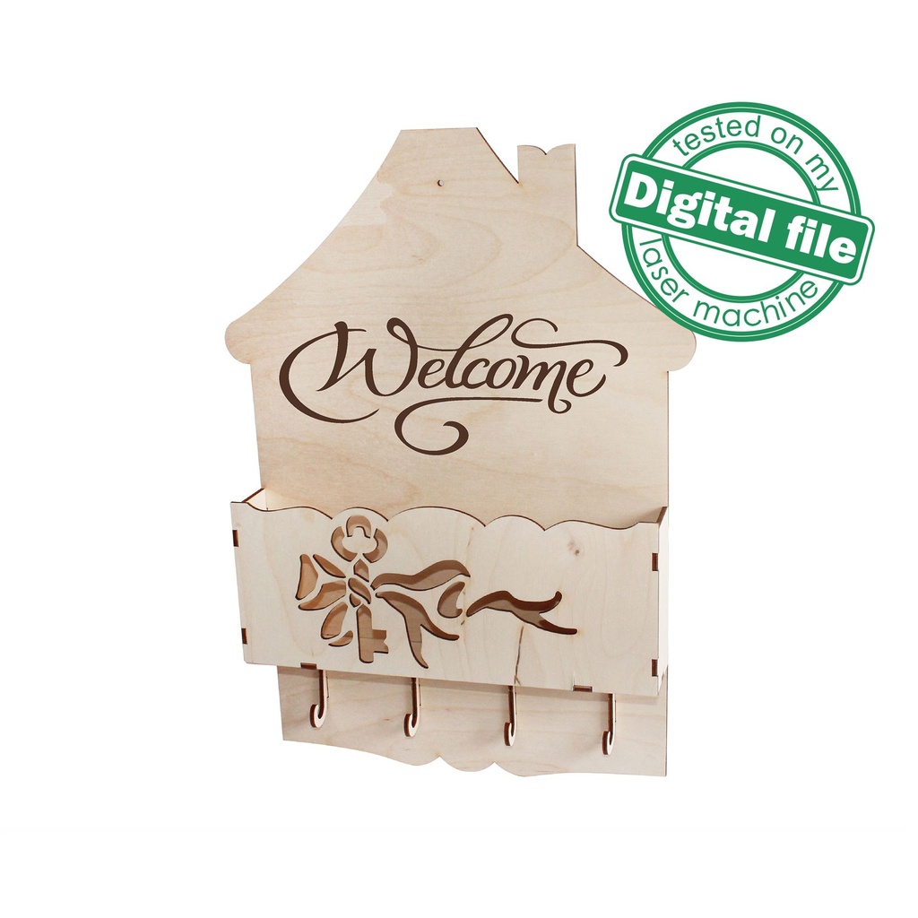 DXF, SVG files for laser Wooden Key holder Welcome, Key with bow, Housekeeper, Letter box, Glowforge, Material thickness 3.2 / 6.4 mm