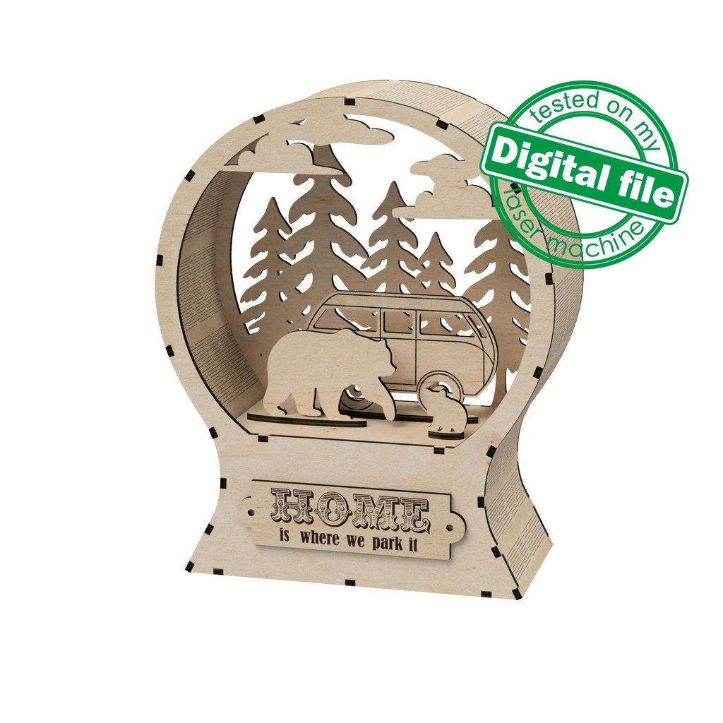 DXF, SVG files for laser Wooden Snow Globe with a camper van, Forest, Tiny Bear, 3D Ornament, Home is where we park it, Material 1/8''(3 mm)