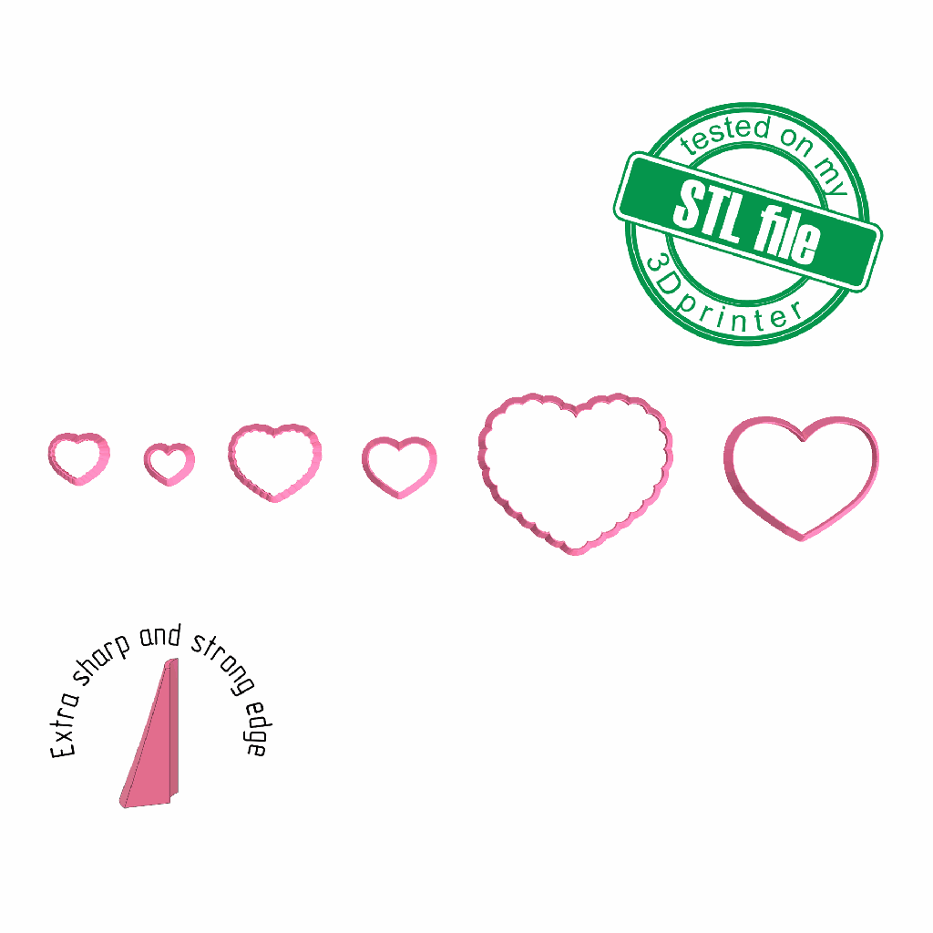 Scalloped Heart, Love, St valentine's, 3 Sizes, Digital STL File For 3D Printing, Polymer Clay Cutter, Earrings, Cookie, sharp, strong edge