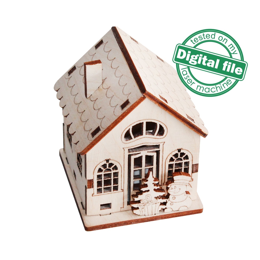 DXF, SVG files for laser Christmas Tea light house Snowman, Vector project, Glowforge, Material thickness 1/8 inch (3.2 mm)
