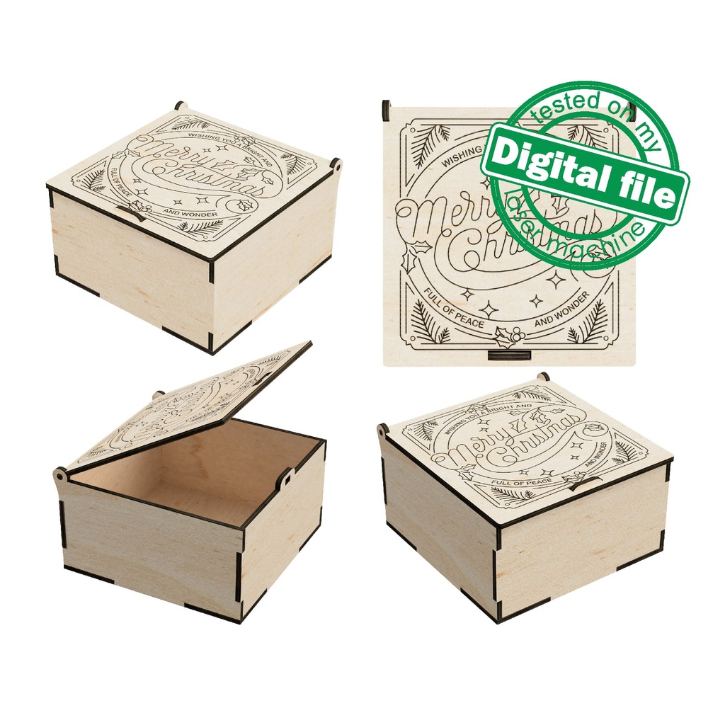 DXF, SVG files for laser Vintage Merry Christmas, Retro Christmas gift box, Engraved calligraphy, Glowforge, Material thickness 3.2 mm