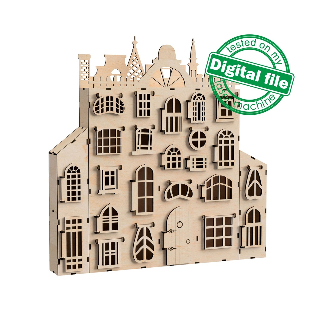 DXF, SVG file for laser Advent calendar 20 or 24 different windows, Fancy shutters, fabulous house, Material thickness 3.2 mm (1/8 inch)