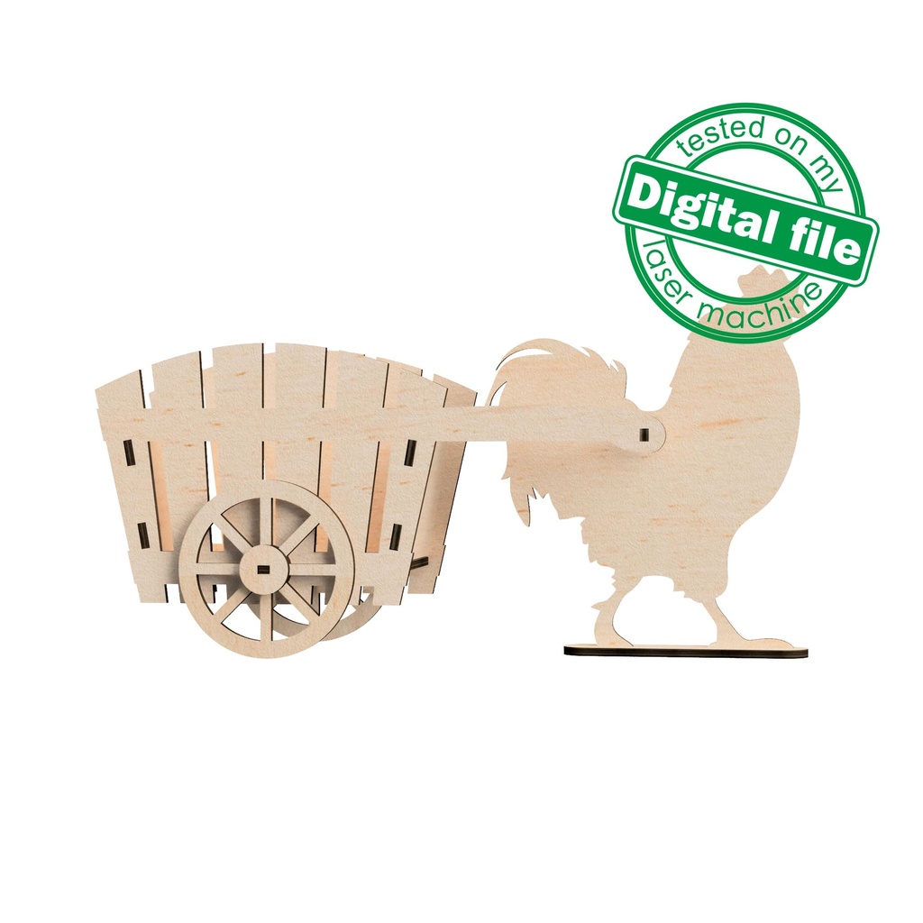 DXF, SVG Files for Laser Easter Decor, Rooster Pulling a Cart, Egg Hunt, Vector Projects, Glowforge, Material Thickness 1/8" (3.2mm)