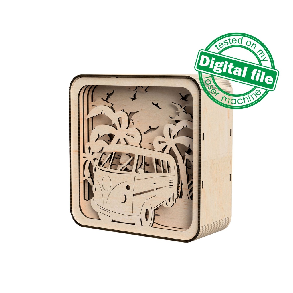 DIY Lightbox Beach vibe, surf, palm trees, Volkswagen bus Shadow Box, Two different sizes DXF, SVG files for laser, Material 1/8'' (3.2mm)