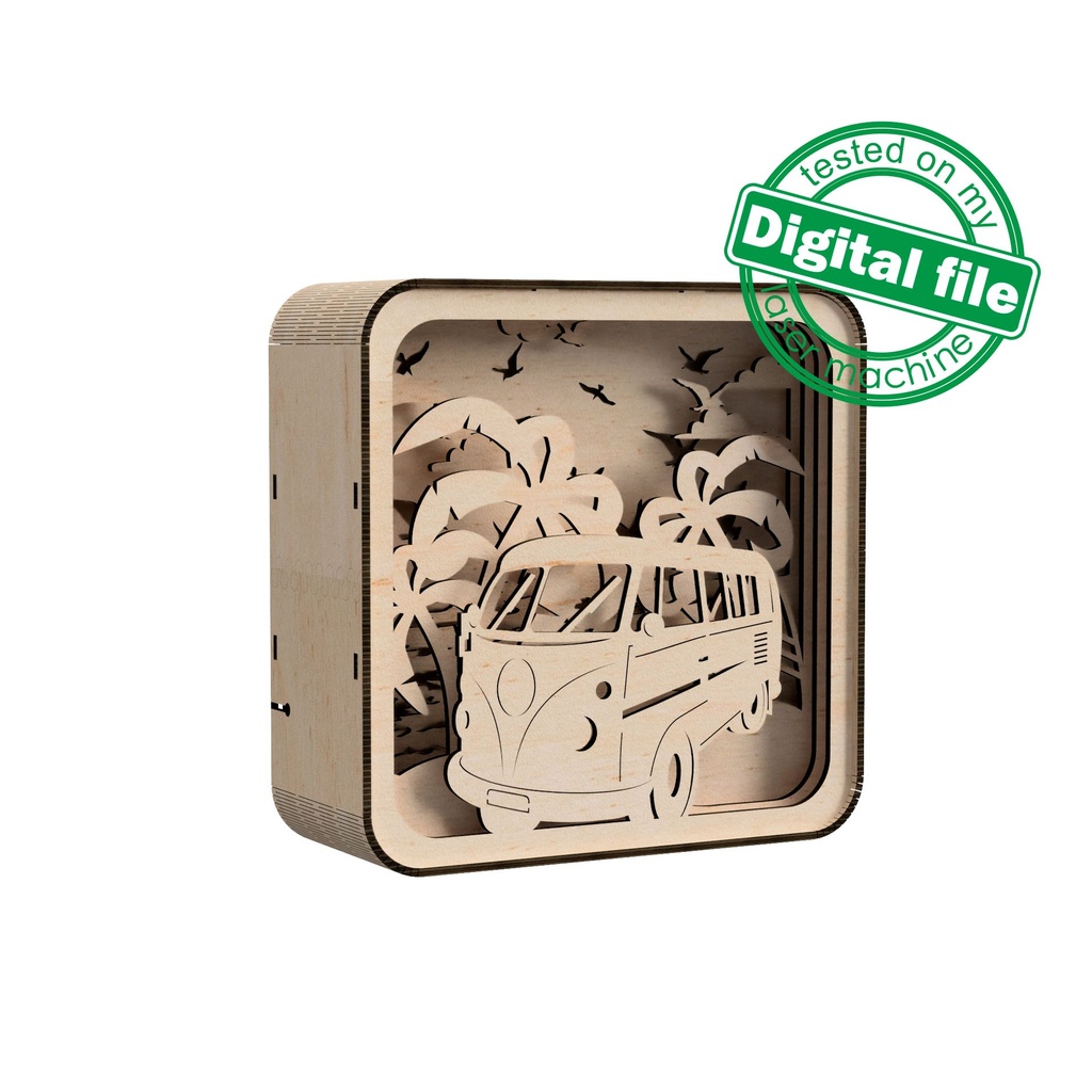 DIY Lightbox Beach vibe, surf, palm trees, Volkswagen bus Shadow Box, Two different sizes DXF, SVG files for laser, Material 1/8'' (3.2mm)