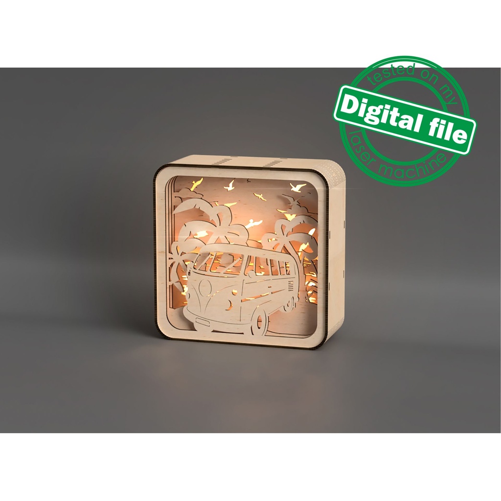 DIY Lightbox Beach vibe, surf, palm trees, Volkswagen bus Shadow Box, Two different sizes DXF, SVG files for laser, Material 1/8'' (3.2mm)
