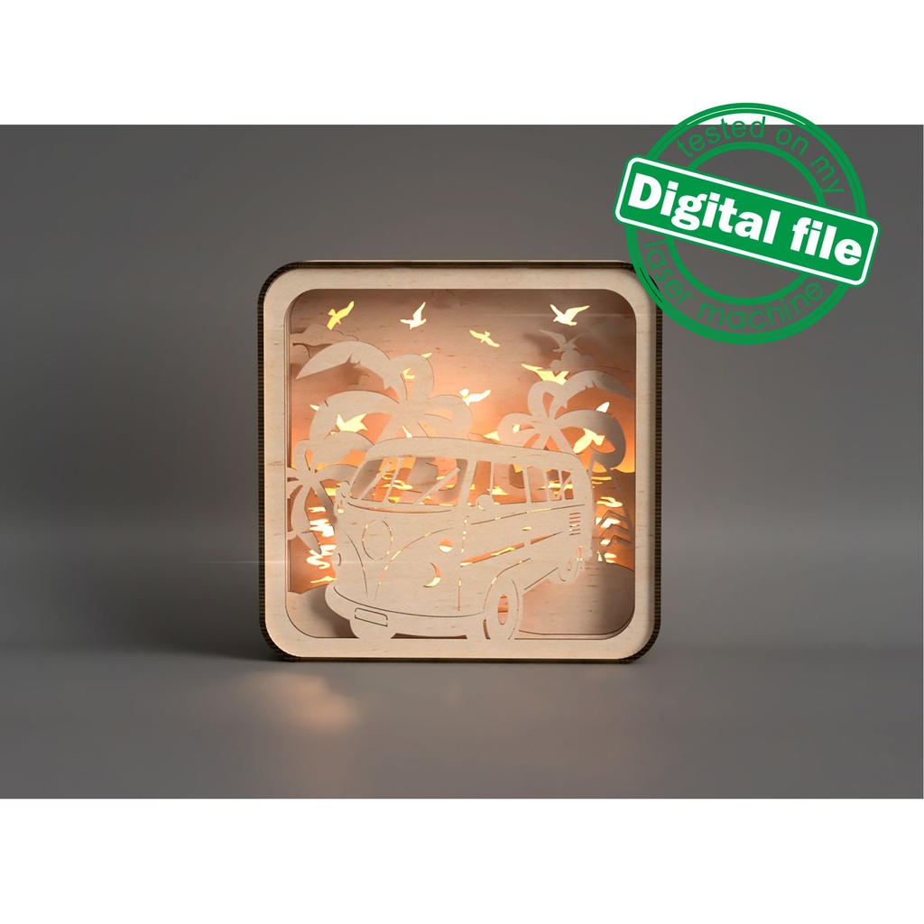 DIY Lightbox Beach vibe, surf, palm trees, Volkswagen bus Shadow Box, Two different sizes DXF, SVG files for laser, Material 1/8'' (3.2mm)