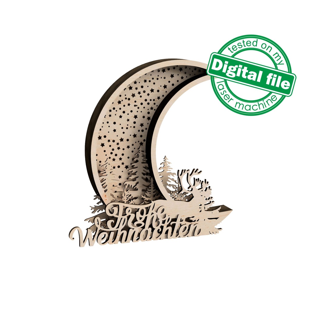 DXF, SVG files for laser or plotter cutting Glowing Christmas decoration, winter forest, reindeer, crescent moon, starry night