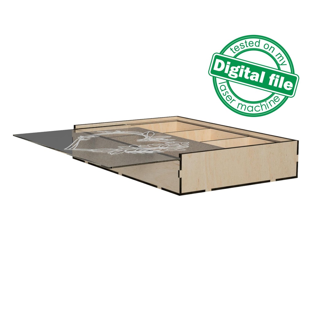 DXF, SVG files for Laser Cut Box with Sliding Lid, Drawers, Souvenir, Small Items Storage, Memorabilia, calligraphy, Material 1/8'' (3.2 mm)
