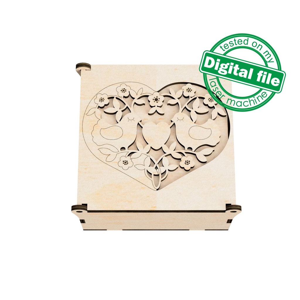 DXF, SVG files for laser hinged lid box, flower heart, love doves, bridesmaid gift, february 14, valentines day, memorable gifts, engagement