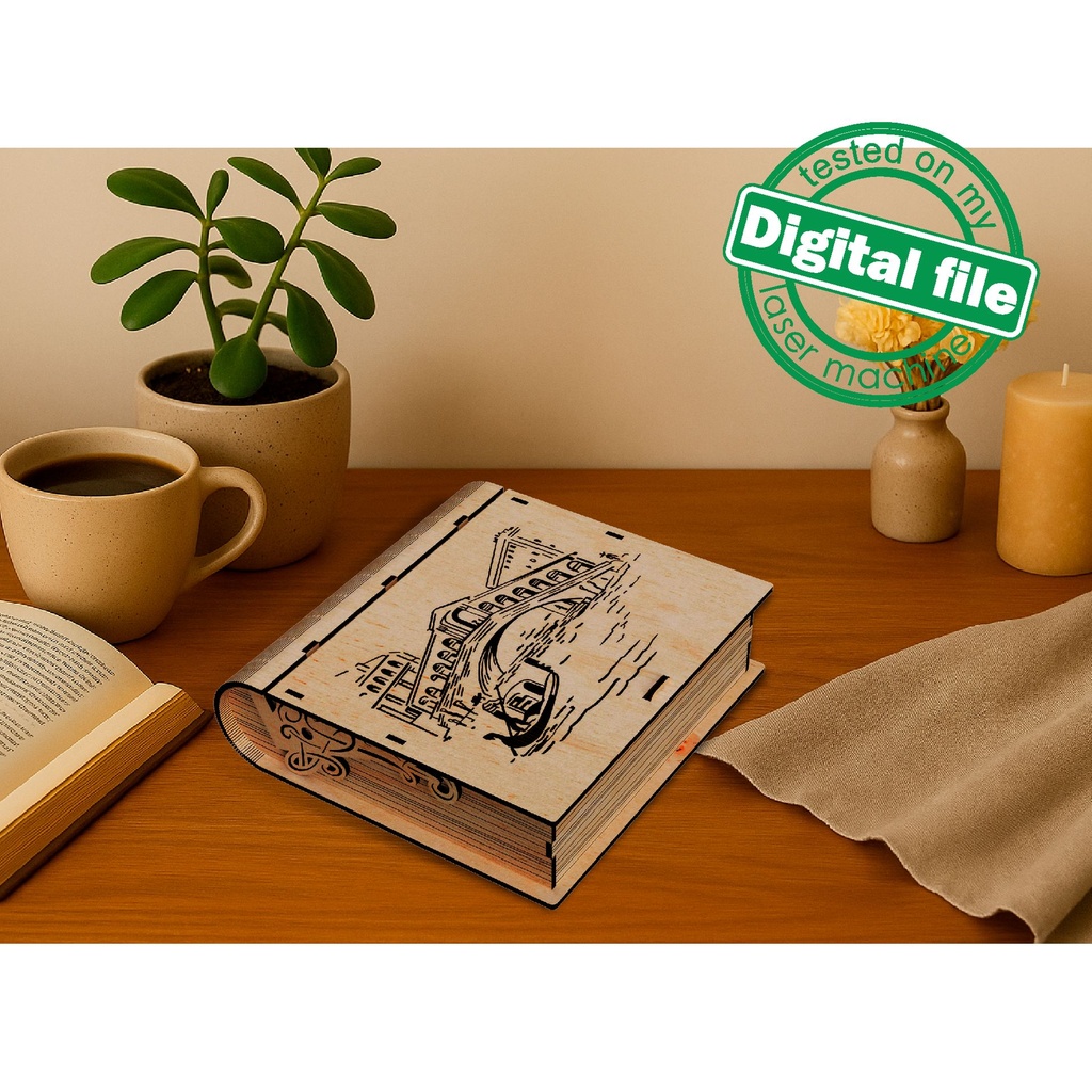 DXF, SVG files for laser Gift Book box Italy, flexible plywood, Living hinge, engraved pattern, decorative corbel, Material 1/8'' (3.2 mm)