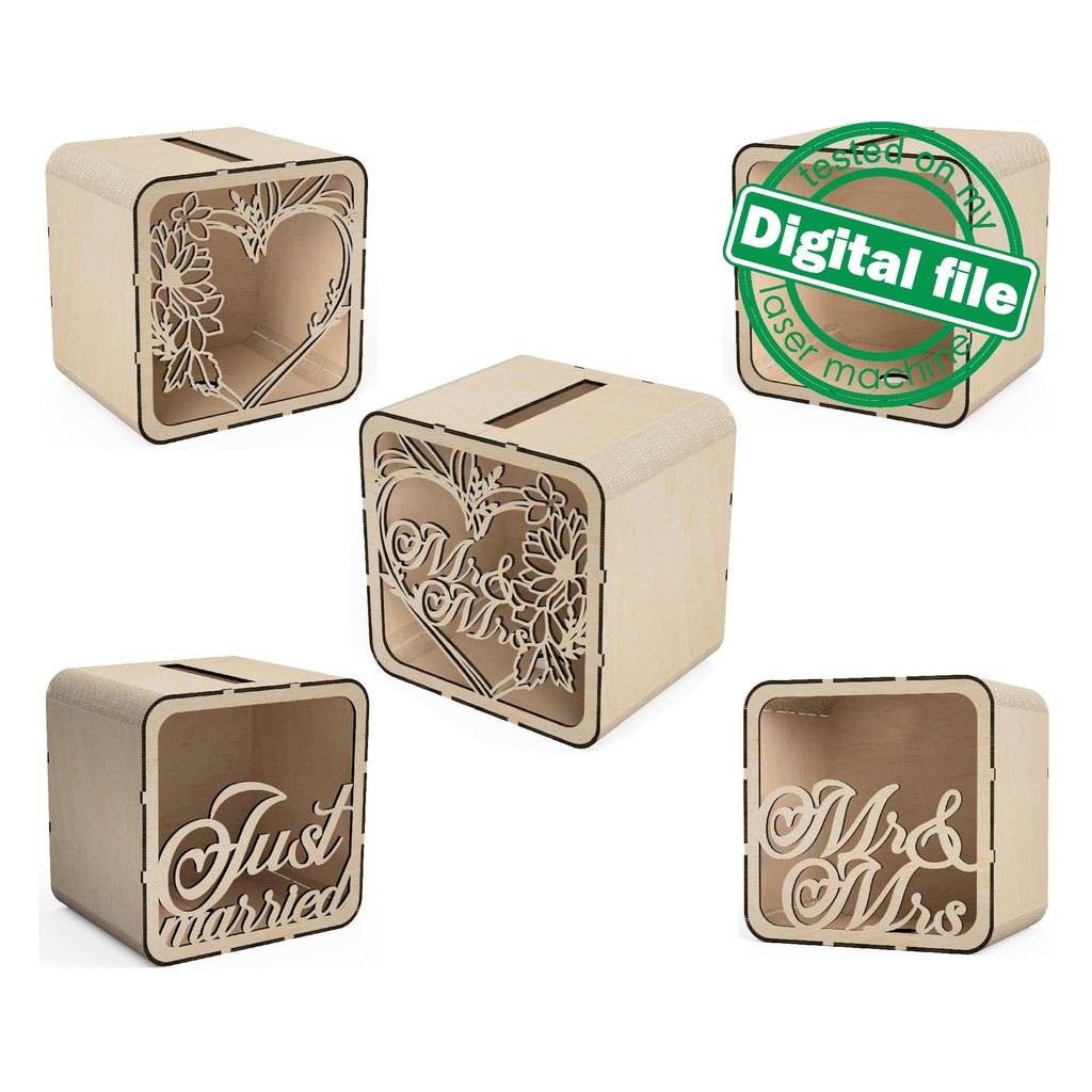 DXF, SVG files for laser Wedding card box, money box, Engagement Card Box, Wedding Decor, Piggy bank, door and lock, Material 1/8'' (3.2 mm)