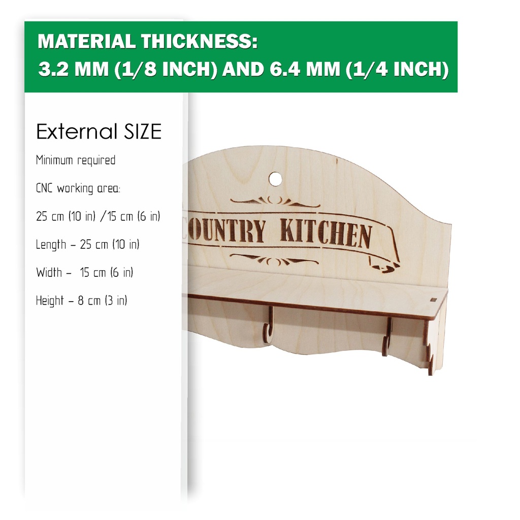 DXF, SVG files for laser Vintage Shelf Country Kitchen, CNC Router, Engraved pattern French, Two different material thickness 3.2/6.4 mm
