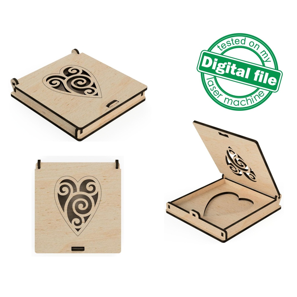 DXF, SVG files for laser hinged lid box, opening carved cover, Wedding engagement ring box, Filigree Heart,Material thickness 1/8'' (3.2 mm)