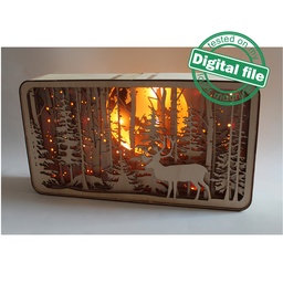 [00185675] DXF, SVG files for laser Shadow Box Deer and Fox in the forest, Engraved or Glowing Moon, Glowforge, Material thickness 1/8 inch (3.2 mm)